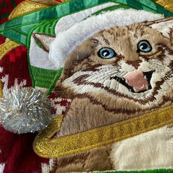 Holiday Time Red and Green Crewneck Sweater with Festive Cat Design - Picture 5 of 10